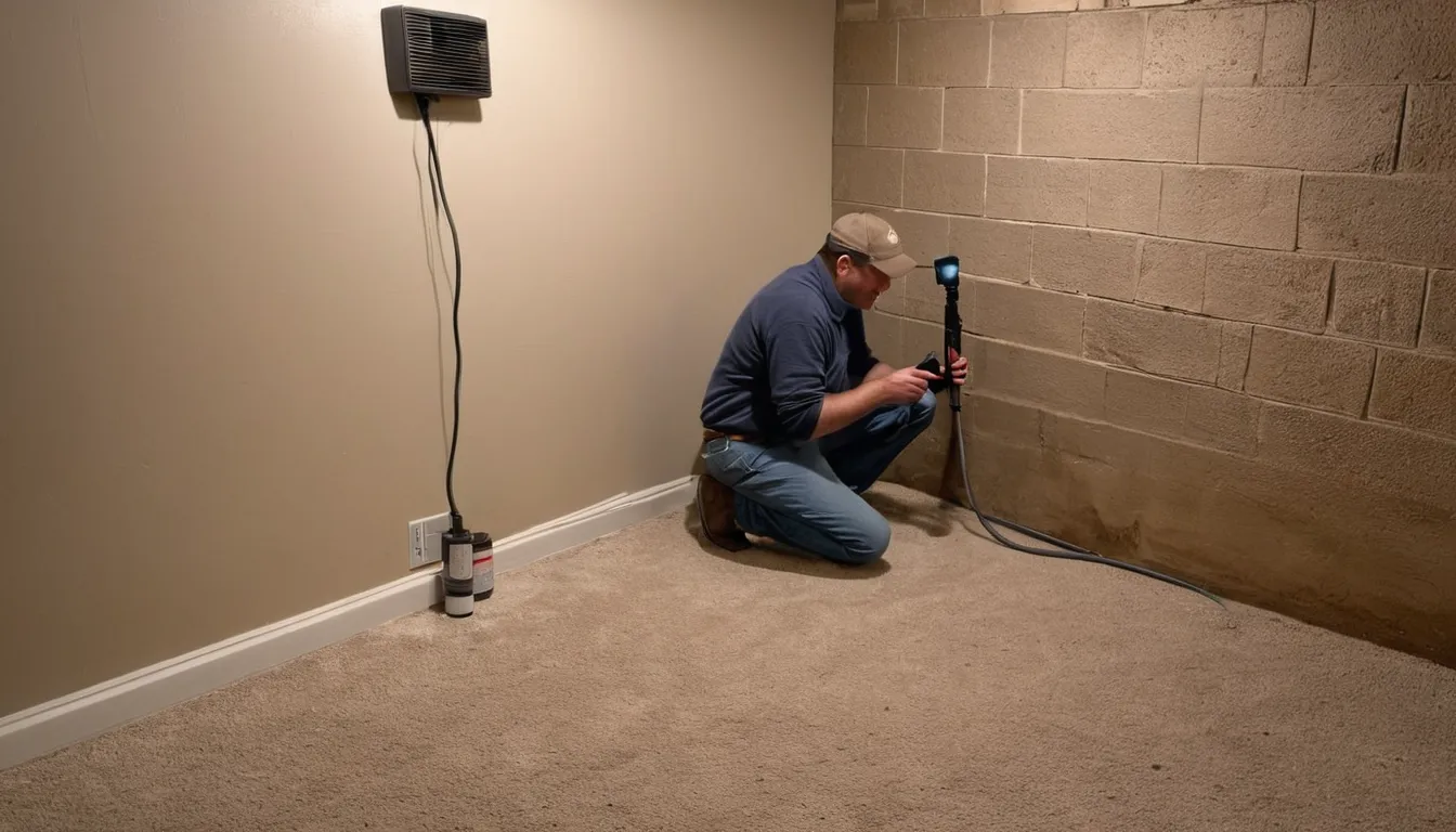 A provider inspecting a basement wall near a sump pump in a Pleasant Prairie home